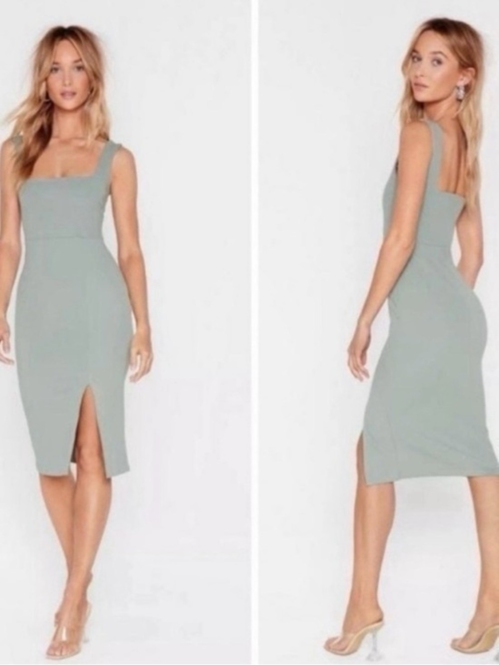 Nasty Gal NWT Squarin To Go Sleeveless Midi Dress Sage Green Size 8